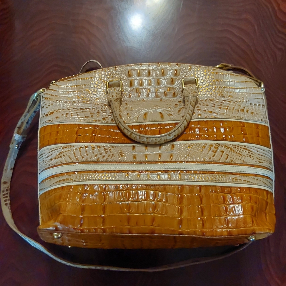 Brahmin Arno Vineyard Tri-texture Croc-Embossed Tan and Brown Shoulder Handbag - Picture 4 of 9